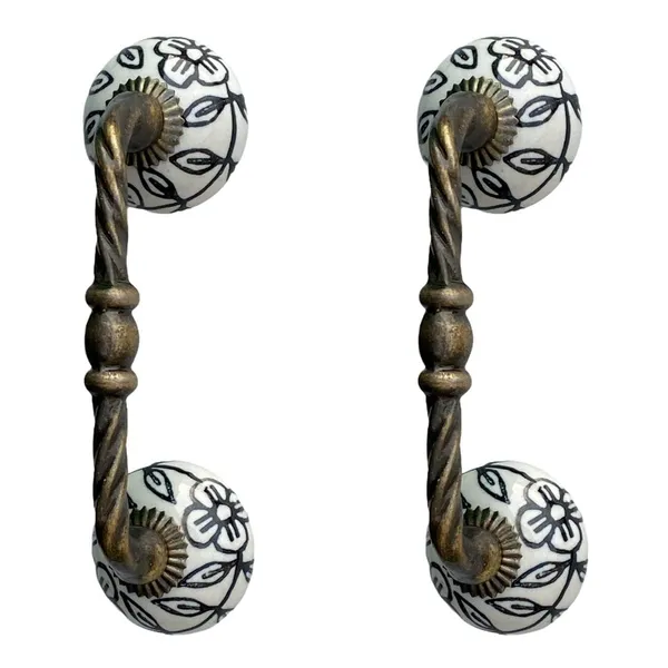 White_&_Black_Ceramic_Door_Handle_Gold_Antique_Finish_-_(Size_6_Inch,_Flower_Hand_Painted)_-_Pack_Of_1