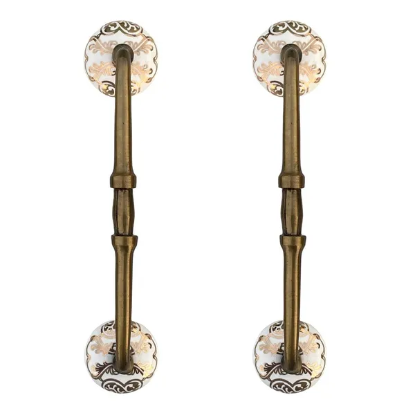 White_&_Golden_Ceramic_Door_Handle_Gold_Antique_Finish_-_(Size_10_Inch)_-_Hole_To_Hole_8_Inch_(Pack_Of_1)