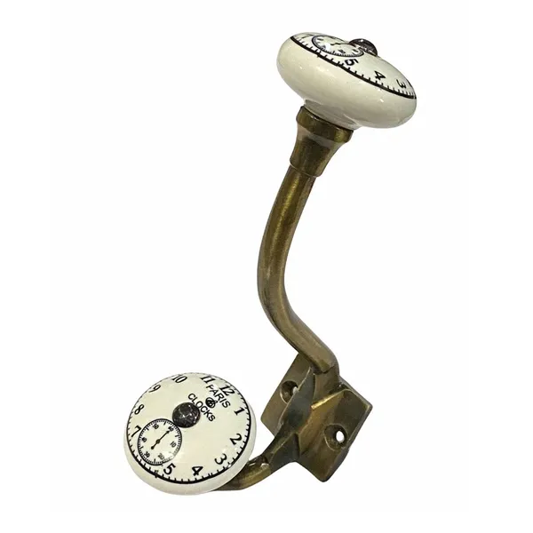 Pack_of_2_White_Clock_Printed_Ceramic_Metal_Wall_Hooks_-_Gold_Antique_Finish_(Size_6_Inch,_)