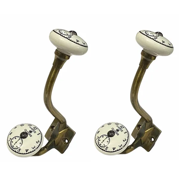 Pack_of_2_White_Clock_Printed_Ceramic_Metal_Wall_Hooks_-_Gold_Antique_Finish_(Size_6_Inch,_)