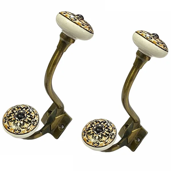 Pack_of_2__(Ceramic_Metal_Wall_Hooks_-_Gold_Antique_Finish_(Size_6_Inch,_White_Hand_Painted)