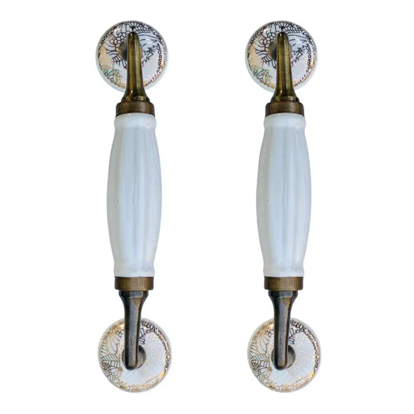 White_&_Golden_Ceramic_Door_Handle_Gold_Antique_Finish_-_(Size_8.5_Inch)_-_Hole_To_Hole_6.5_Inch_(Pack_Of_1)