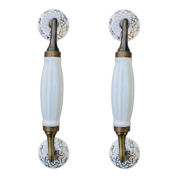 White_&_Golden_Ceramic_Door_Handle_Gold_Antique_Finish_-_(Size_8.5_Inch)_-_Hole_To_Hole_6.5_Inch_(Pack_Of_1)