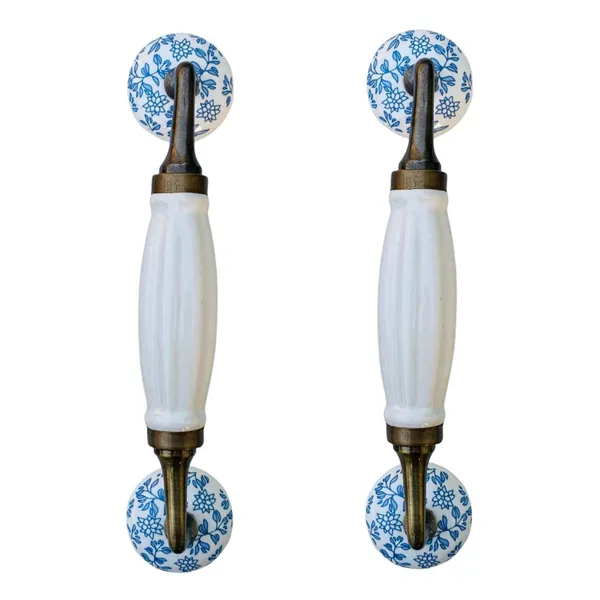 White_Ceramic_Door_Handle_Gold_Antique_Finish_-_(Size_8.5_Inch,_White_-_Blue_Flower_Hand_Painted)_-_Hole_To_Hole_6.5_Inch_(Pack_Of_1)