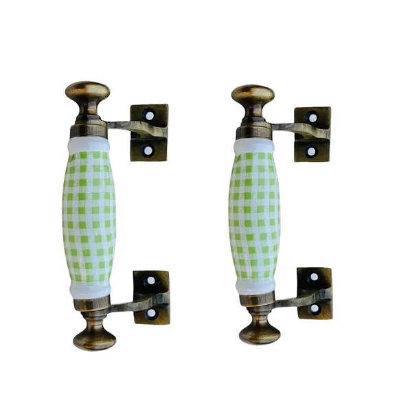 White_Green_Check_Ceramic_Door_Handle_Gold_Antique_Finish_100%_Scratch_Proof_(Size_5.5_Inch)_Pack_Of_1