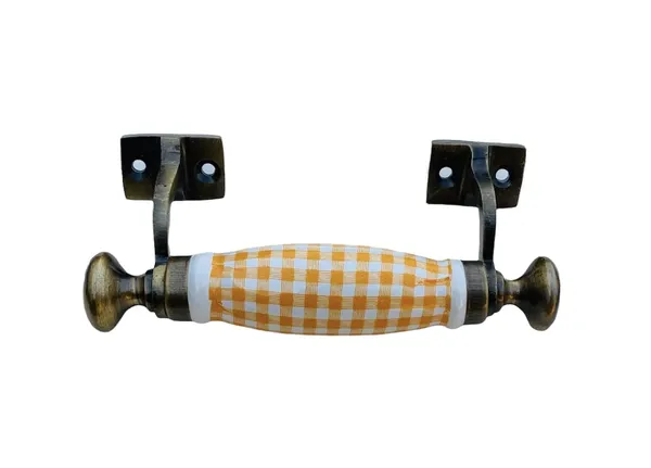 White_&_Yellow_Check_Ceramic_Door_Handle_Gold_Antique_Finish_100%_Scratch_Proof_(Size_5.5_Inch)_Pack_Of_1