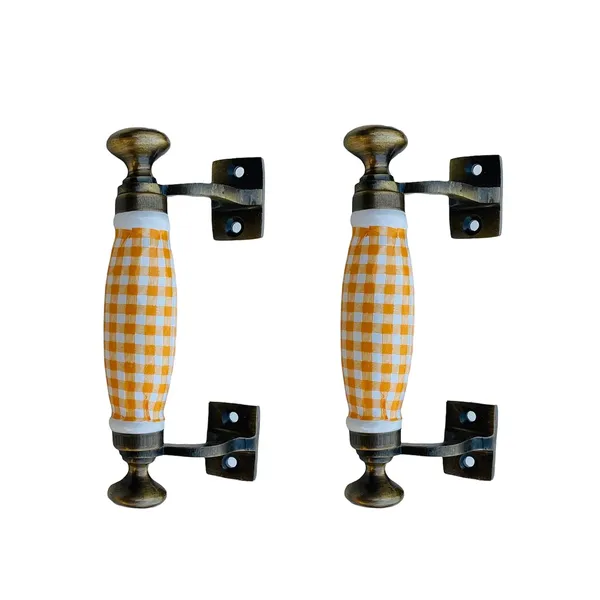 White_&_Yellow_Check_Ceramic_Door_Handle_Gold_Antique_Finish_100%_Scratch_Proof_(Size_5.5_Inch)_Pack_Of_1