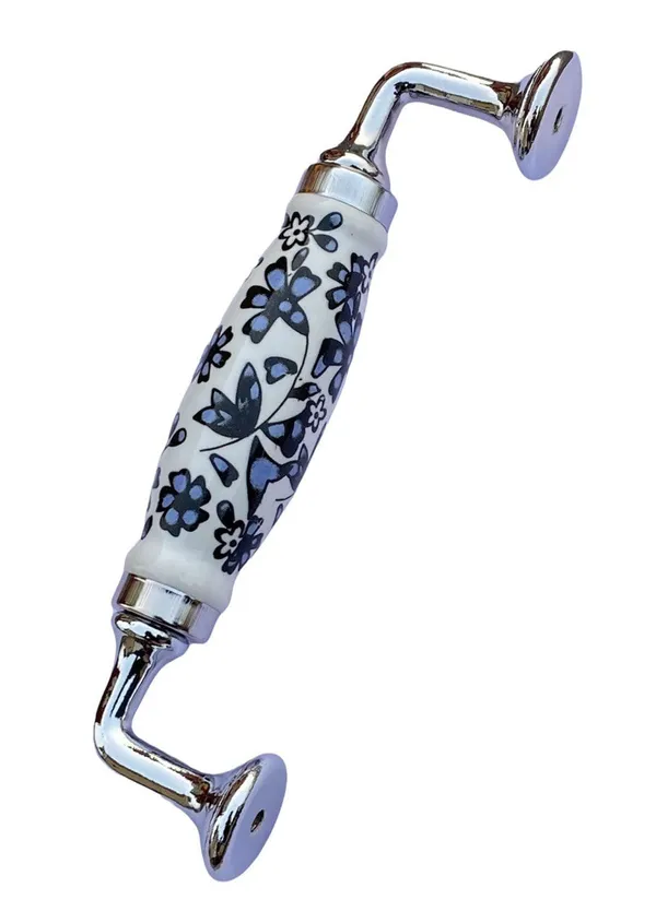 Blue_Flower_Hand_Painted_Chrome_Ceramic_Door_Handle_Chrome_Finish_-_Scratch_Proof_100%_(Size_6_Inch)
