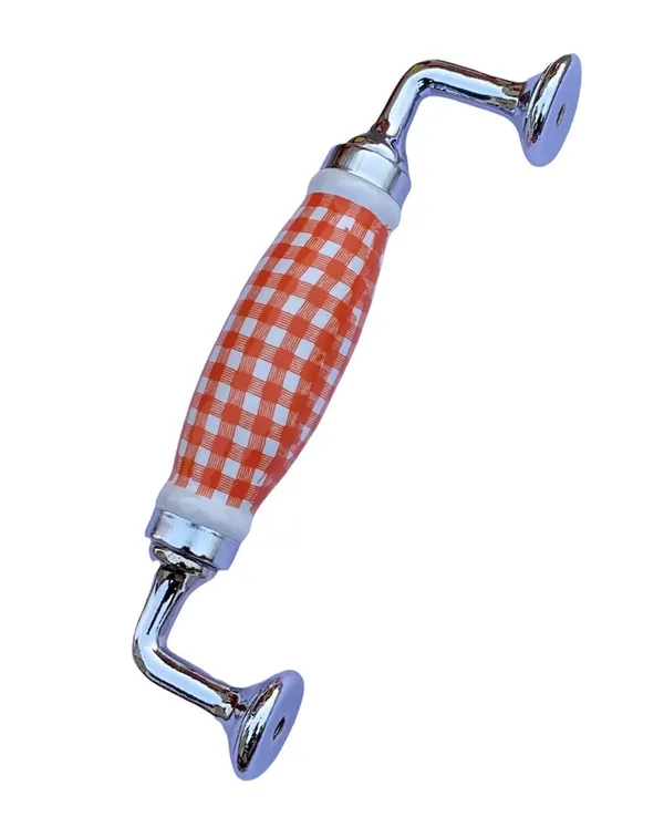 White_&_Orange_Check_Ceramic_Door_Handle_Chrome_Finish_-_Scratch_Proof_100%_(Size_6_Inch)