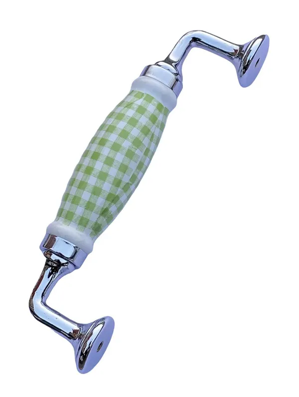 White_&_Green_Check_Ceramic_Door_Handle_Chrome_Finish_-_Scratch_Proof_100%_(Size_6_Inch)