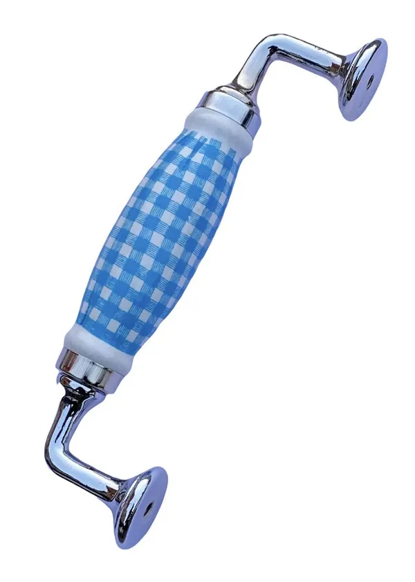 White_&_Blue_Check_Ceramic_Door_Handle_Chrome_Finish_-_Scratch_Proof_100%_(Size_6_Inch)