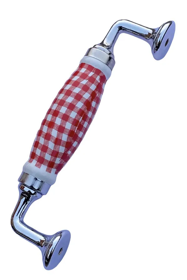 White_&_Red_Check_Ceramic_Door_Handle_Chrome_Finish_-_Scratch_Proof_100%_(Size_6_Inch)