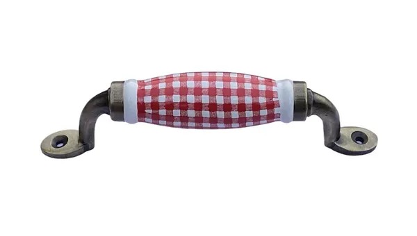 White_&_Red_Check_Ceramic_Door_Handle_Gold_Antique_Finish_-_Scratch_Proof_100%_(Size_6_Inch)