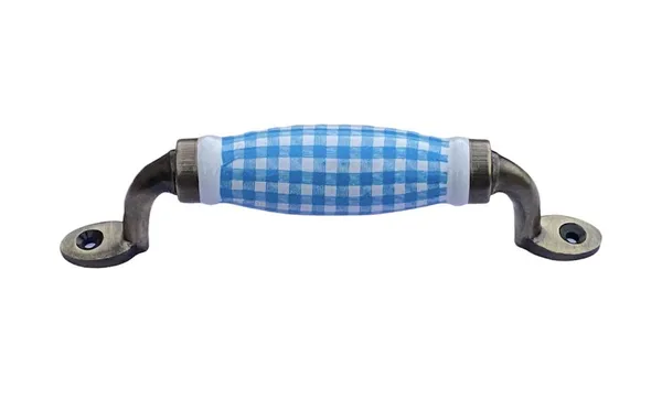 White_&_Blue_Check_Ceramic_Door_Handle_Gold_Antique_Finish_-_Scratch_Proof_100%_(Size_6_Inch)