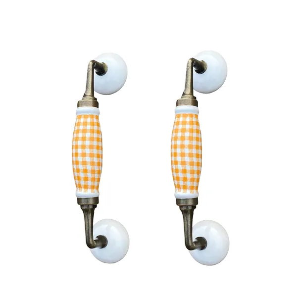 Ceramic_Door_Handle_Gold_Antique_Finish_-_(Size_8.5_Inch,_White_-_Yellow_Check)_-_Hole_To_Hole_6.5_Inch_(Pack_Of_1)