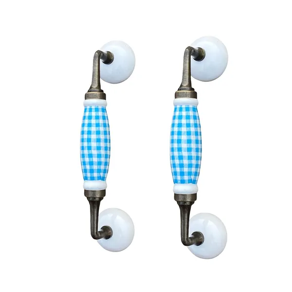 Blue_Check_Ceramic_Door_Handle_Gold_Antique_Finish_-_(Size_8.5_Inch)_-_Hole_To_Hole_6.5_Inch_(Pack_Of_1)