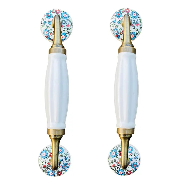 White_Ceramic_Door_Handle_Gold_Antique_Finish_-_(Size_8.5_Inch)_-_Hole_To_Hole_6.5_Inch_(Pack_Of_1)_(8.5_Inch_-Flower_Knobs)
