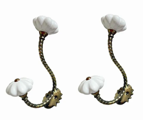 _(Pack_Of_2)_Ceramic_Metal_Wall_Hooks_-_Gold_Antique_Finish_(Size_6_Inch,_White_Hand_Painted)