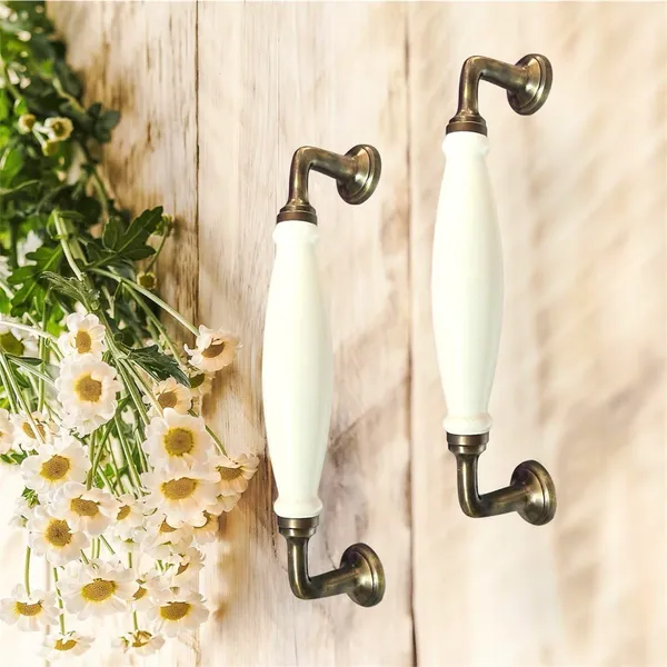 White_Ceramic_Door_Handle_Gold_Antique_Finish_-_(Size_10_Inch)_-_Hole_To_Hole_9_Inch_(Pack_Of_1_Handle)