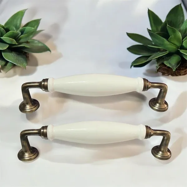 White_Ceramic_Door_Handle_Gold_Antique_Finish_-_(Size_10_Inch)_-_Hole_To_Hole_9_Inch_(Pack_Of_1_Handle)