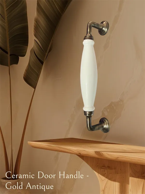 White_Ceramic_Door_Handle_Gold_Antique_Finish_-_(Size_10_Inch)_-_Hole_To_Hole_9_Inch_(Pack_Of_1_Handle)