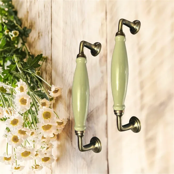 Sage_Green_Ceramic_Door_Handle_Gold_Antique_Finish_-_(Size_10_Inch)_-_Hole_To_Hole_9_Inch_(Pack_Of_1_Handle)