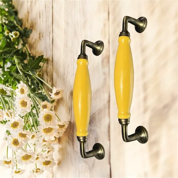 Yellow_Ceramic_Door_Handle_Gold_Antique_Finish_-_(Size_10_Inch)_-_Hole_To_Hole_9_Inch_(Pack_Of_1_Handle)