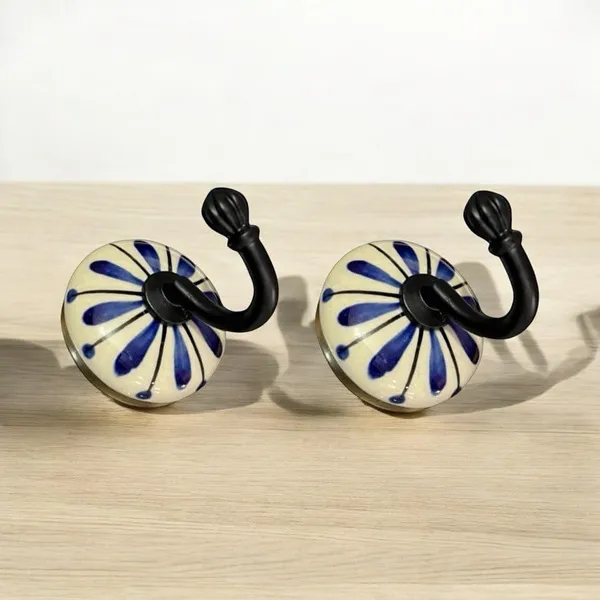 White_Ceramic_Metal_Wall_Hook/Wall_Mounted_Single_Hook_Hanger_-_Black_Hook_(Size_3.5_Inch,_Hand_Painting)_-_Pack_Of_2
