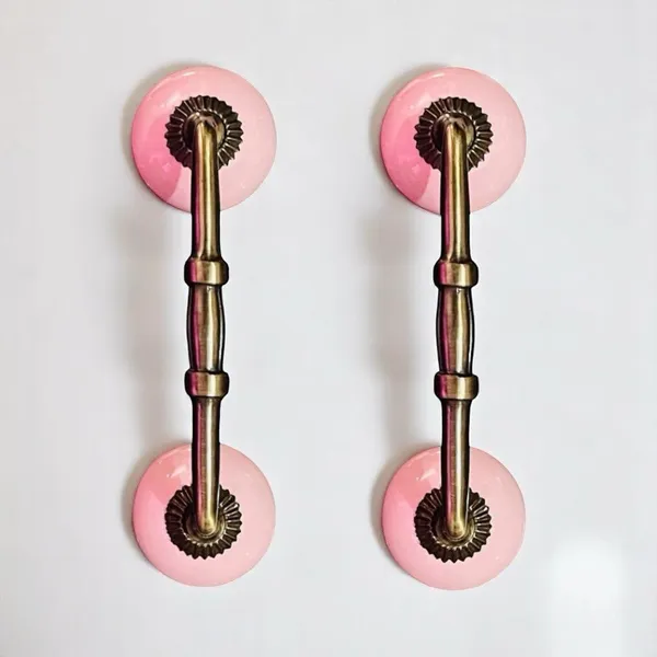 Maison_Belle_Ceramic_Door_Handle_Gold_Antique_Finish_-_(Size_6_Inch,_Round_Pink)_-_Hole_to_Hole_4_INCH_(Pack_of_1_Handle)_(4_INCH)