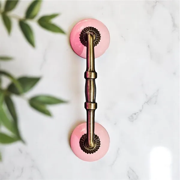 Maison_Belle_Ceramic_Door_Handle_Gold_Antique_Finish_-_(Size_6_Inch,_Round_Pink)_-_Hole_to_Hole_4_INCH_(Pack_of_1_Handle)_(4_INCH)