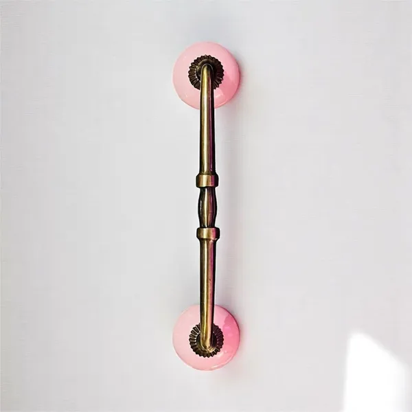 Maison_Belle_Ceramic_Door_Handle_Gold_Antique_Finish_-_(Size_8_Inch,_Round_Pink)_-_Hole_to_Hole_6_INCH_(Pack_of_1_Handle)_(6_INCH)