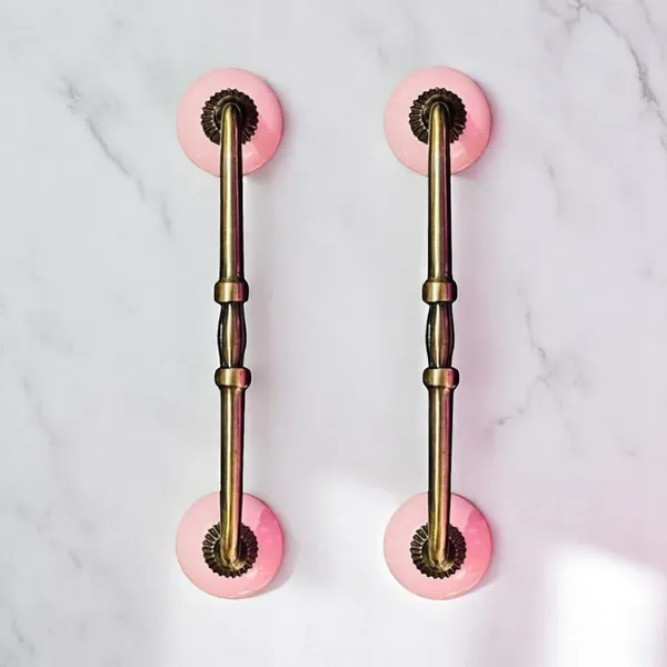 Maison_Belle_Ceramic_Door_Handle_Gold_Antique_Finish_-_(Size_10_Inch,_Round_Pink)_-_Hole_to_Hole_8_INCH_(Pack_of_1_Handle)_(8_INCH)