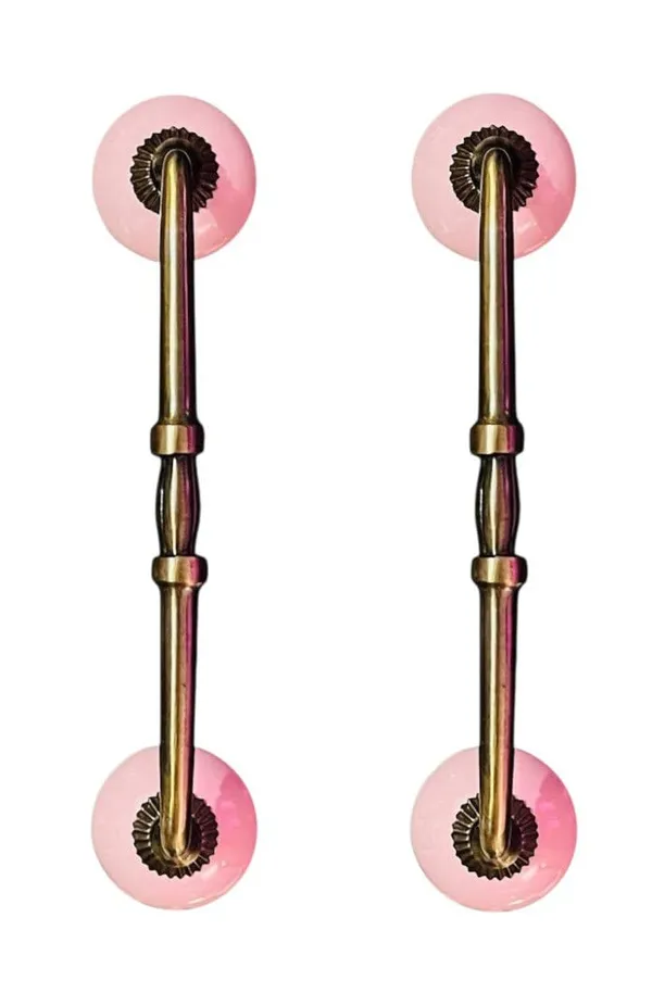 Maison_Belle_Ceramic_Door_Handle_Gold_Antique_Finish_-_(Size_10_Inch,_Round_Pink)_-_Hole_to_Hole_8_INCH_(Pack_of_1_Handle)_(8_INCH)