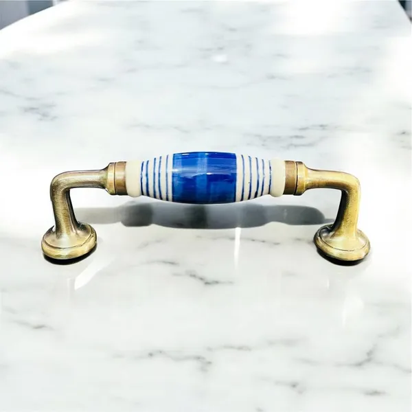 Maison_Belle_Ceramic_Door_Handle_Gold_Antique_Finish_-_(Size_8_Inch,_Hand_Painted)_Hole_to_Hole_6.5_INCH_(9._Blue_LINE)