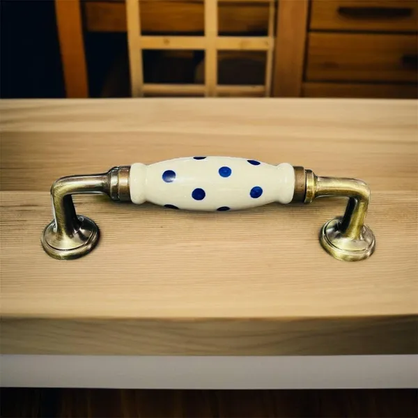 Maison_Belle_Ceramic_Door_Handle_Gold_Antique_Finish_-_(Size_8_Inch,_Hand_Painted)_Hole_to_Hole_6.5_INCH_(12._Blue_DOT)