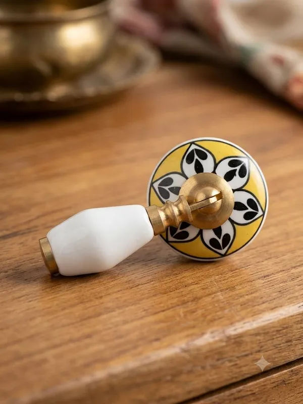 PACK_OF_1_KNOB_-_Ceramic_Door_Knob_White_Arch_Handle_Cabinet_DRAWER_PULL_-_BRASS_Finish_(Size_3_Inch)