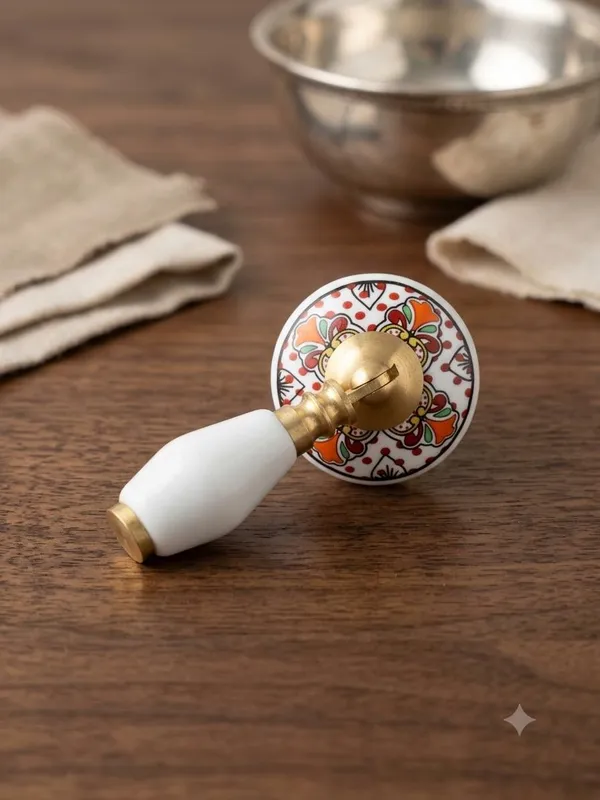 PACK_OF_1_KNOB_-_Ceramic_Door_Knob_White_Arch_Handle_Cabinet_DRAWER_PULL_-_BRASS_Finish_(Size_3_Inch)_