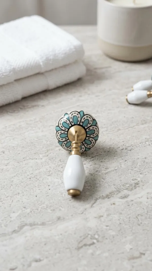 PACK_OF_1_KNOB_-_Ceramic_Door_Knob_White_Arch_Handle_Cabinet_DRAWER_Pull_-_BRASS_Finish_(Size_3_Inch,_GREEN)_
