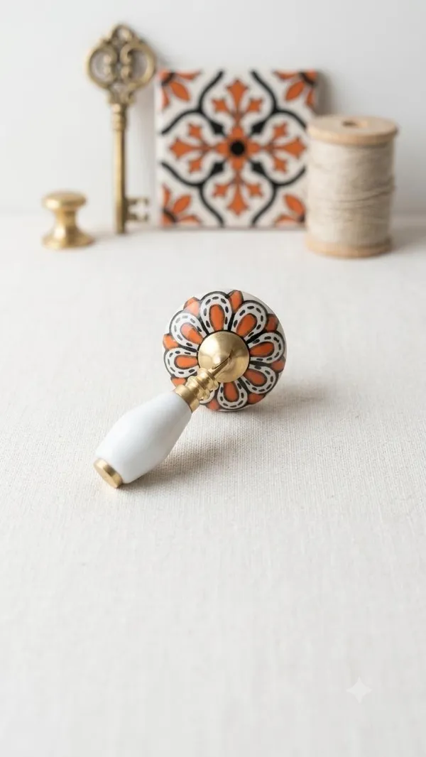 PACK_OF_1_KNOB_-_Ceramic_Door_Knob_White_Arch_Handle_Cabinet_Door_Pull_-_BRASS_Finish_(Size_3_Inch,_ORANGE)