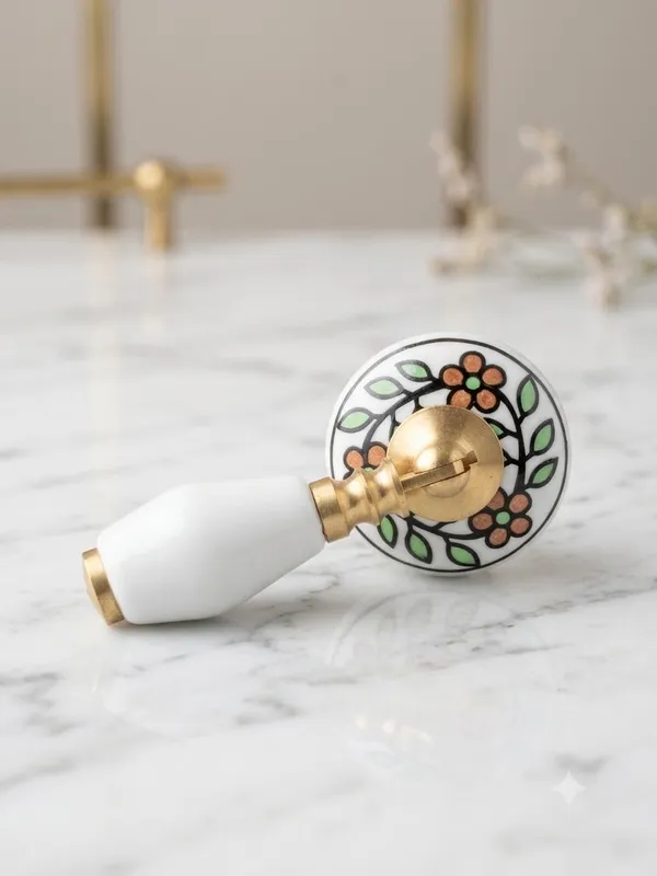 PACK_OF_1__KNOB_-_Ceramic_Door_Knob_White_Arch_Handle_Cabinet_DRAWER_PULL__-_BRASS_Finish_(Size_3_Inch)_