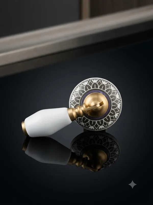 PACK_OF_1_-_Ceramic_Door_Knob_White_Arch_Handle_Cabinet_Drawer_Pull_-_Brass_Finish_(Size_3_Inch)