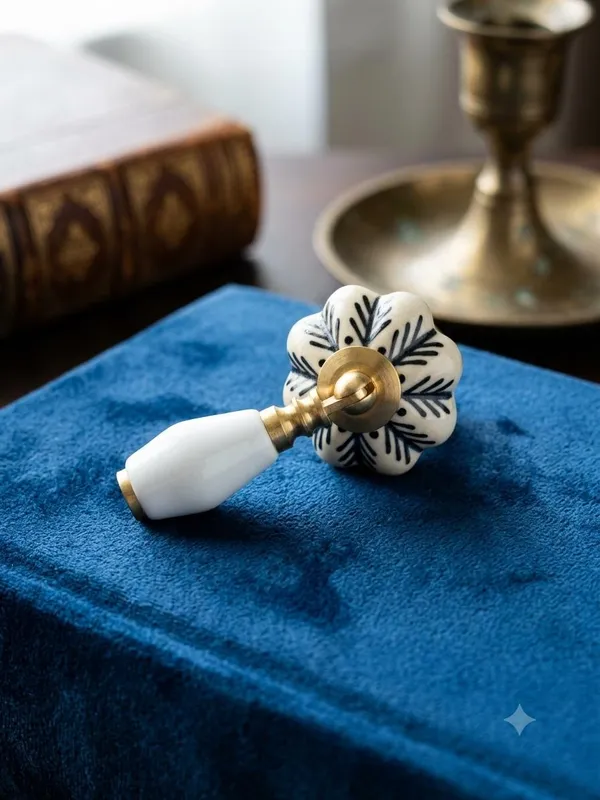 PACK_OF_1_-_Ceramic_Door_Knob_White_Arch_Handle_Cabinet_Drawer_Pull_-_Brass_Finish_(Size_3_Inch)