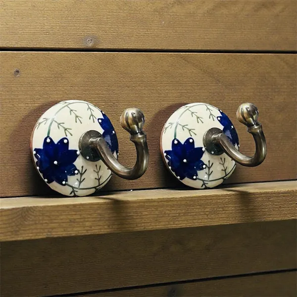 PACK_OF_2_-_Ceramic_Metal_Wall_Hook/Wall_Mounted_Single_Hook_Hanger_-_GLOD_Antique_Hook_(Size_3.5_Inch)_-_HAND_PAINTED_BLUE_FLOWER