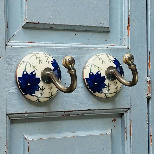 PACK_OF_2_-_Ceramic_Metal_Wall_Hook/Wall_Mounted_Single_Hook_Hanger_-_GLOD_Antique_Hook_(Size_3.5_Inch)_-_HAND_PAINTED_BLUE_FLOWER