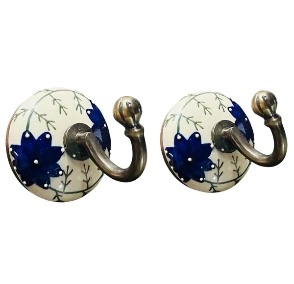 PACK_OF_2_-_Ceramic_Metal_Wall_Hook/Wall_Mounted_Single_Hook_Hanger_-_GLOD_Antique_Hook_(Size_3.5_Inch)_-_HAND_PAINTED_BLUE_FLOWER