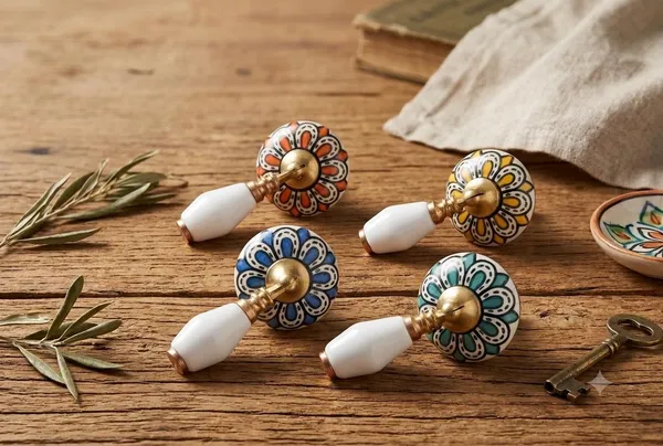 PACK_OF_4_-_Ceramic_Door_Knob_Arch_Handle_Cabinet_DRAWER_PULL_-_BRASS_Finish_(_Size_3_Inch_)_