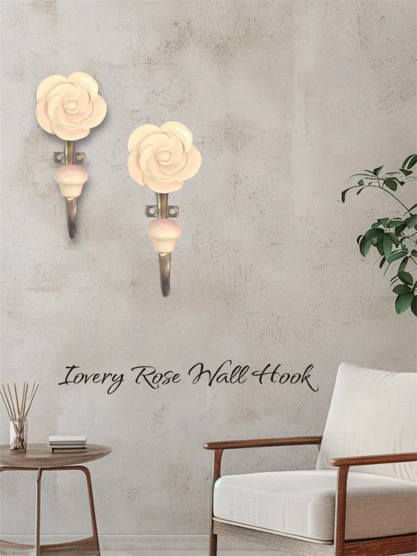 Pack_of_2_Ceramic_Metal_Wall_Mounted_Single_Hook_Hanger_CREAM_ROSE_-_Gold_Antique_Finish_(Size_5_Inch)_
