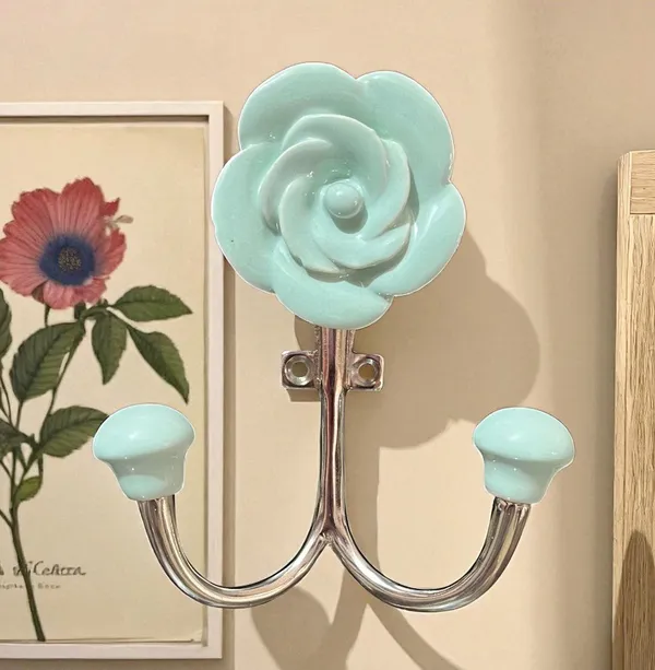 Pack_of_2_Hooks_Ceramic_Rose_Hook_Metal_Wall_Mounted_Double_Hook_Hanger_-_(Size_5_Inch)__(Mint_-_Silver)