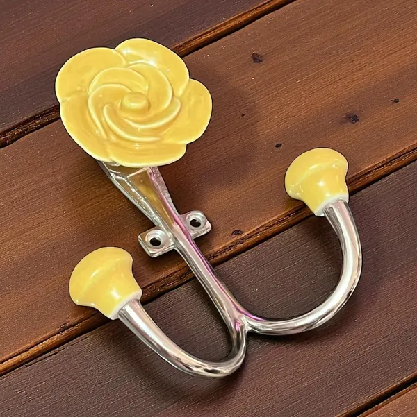 Pack_of_2_Hooks_Ceramic_Rose_Hook_Metal_Wall_Mounted_Double_Hook_Hanger_-_(Size_5_Inch)___(Yellow_-_Silver)