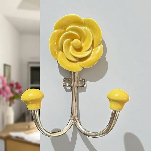 Pack_of_2_Hooks_Ceramic_Rose_Hook_Metal_Wall_Mounted_Double_Hook_Hanger_-_(Size_5_Inch)___(Yellow_-_Silver)